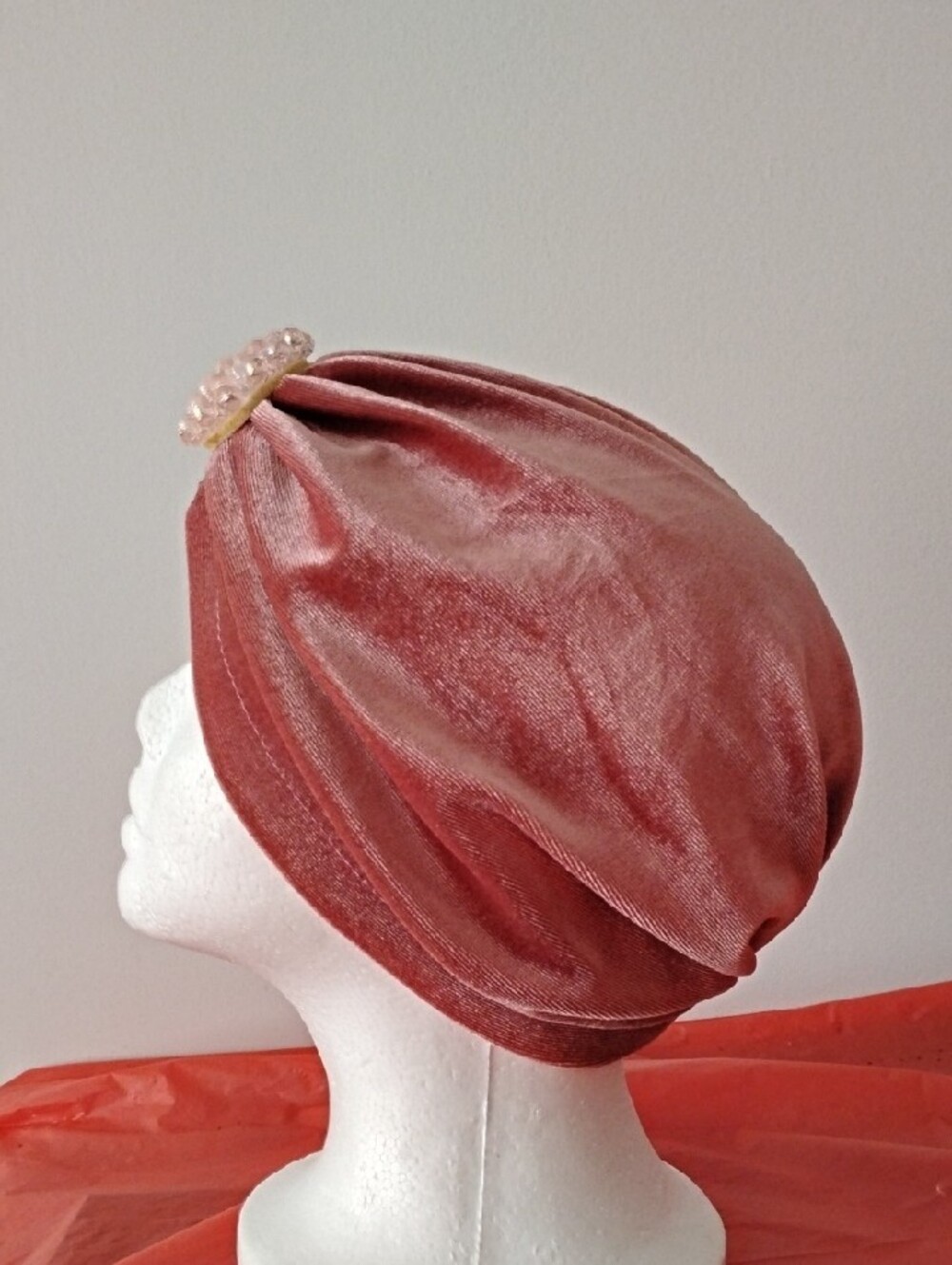 Velvet Turban Headwrap with Beaded Brooch - Dusty Rose - Picture 4 of 5